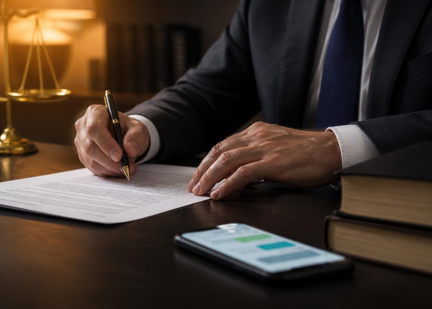 Advogado analisando contrato durante atendimento